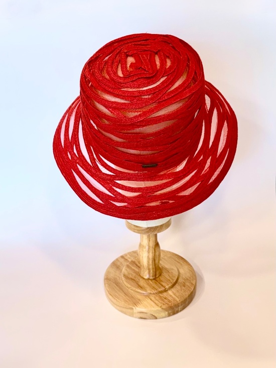 Vintage Inspired Nine West Red Mesh Ribbon Cloche Sun Hat. main image 4